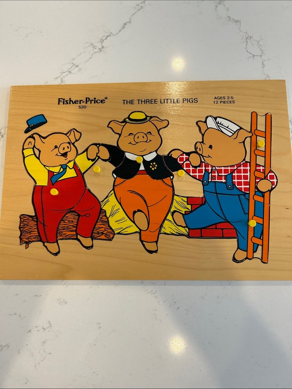Fisher-Price Three Little Pigs Wooden Peg Puzzle - made in holland
